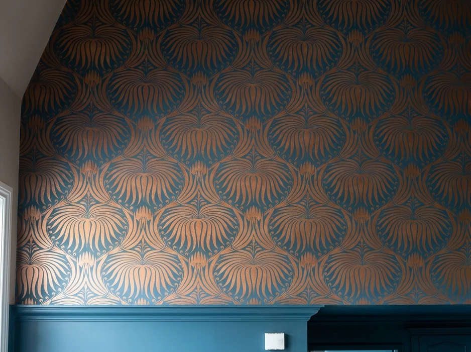 Mur intérieur recouvert d'un papier peint Art Nouveau aux motifs végétaux stylisés