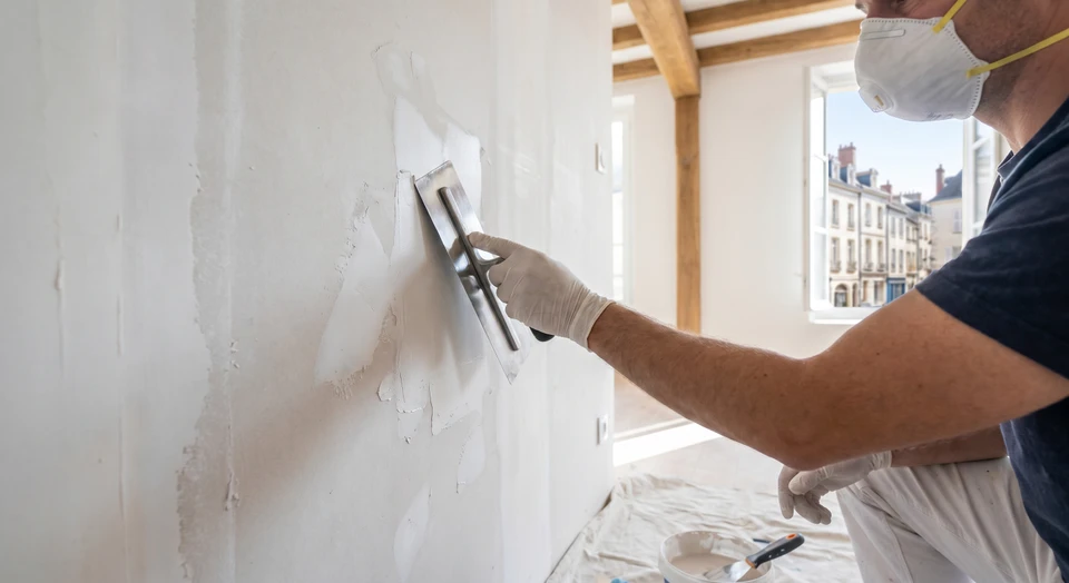 Gros plan professionnel montrant un artisan en équipement de protection (gants blancs, masque) en train de préparer une surface murale : il utilise un outil de lissage ou une spatule sur un mur pour combler et lisser les imperfections du enduit. La surface murale doit montrer clairement du travail de préparation/finition murale avec des traces de composé de jointage ou d'enduit. L'arrière-plan montre un intérieur résidentiel ou commercial en rénovation. La photo doit être prise de près pour bien montrer le détail du travail et la rigueur de l'artisan.