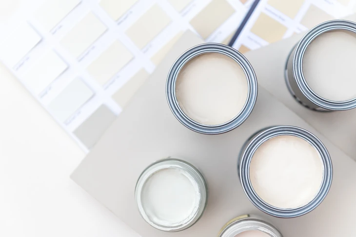 Intérieur lumineux avec pinceau de badigeon professionnel posé sur échantillons de peinture et nuanciers