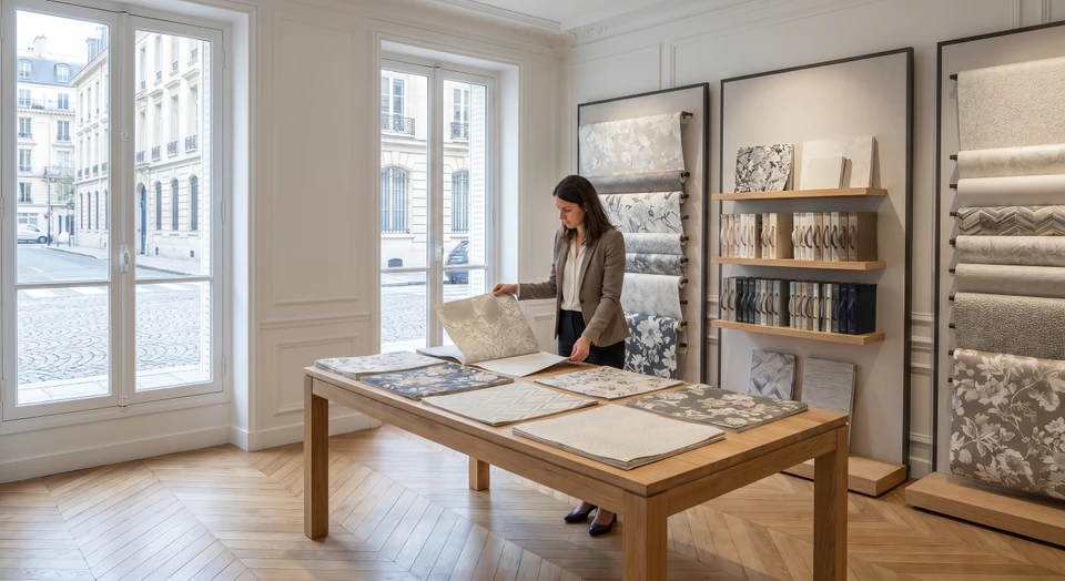 Intérieur d'un showroom de papiers peints haut de gamme avec des rouleaux et des panneaux d'exposition présentant diverses collections de motifs et de textures de papiers peints disposés sur des présentoirs muraux et des étagères. Un décorateur examine attentivement les échantillons en les comparant, montrant le soin apporté à la sélection des motifs.