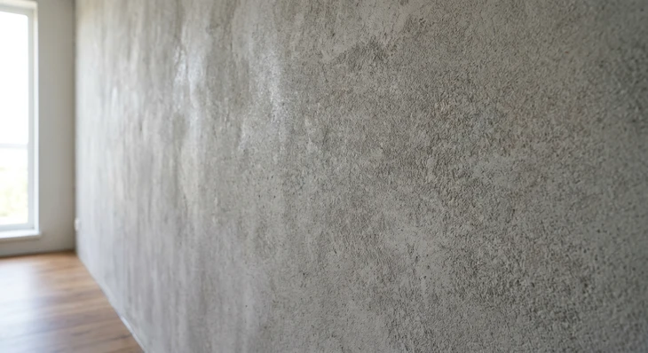Un ouvrier en vêtements blancs applique de l'enduit sur un mur intérieur à l'aide d'une taloche métallique