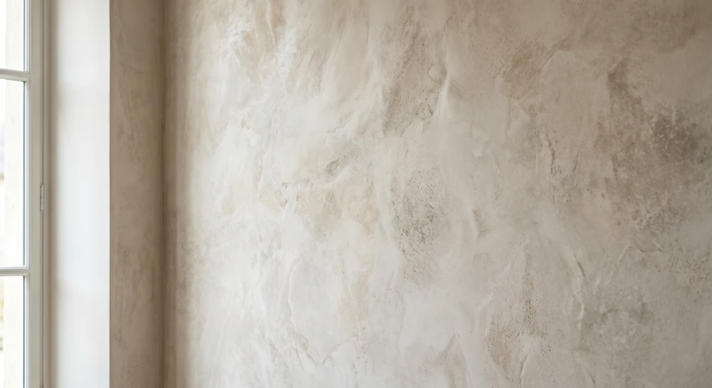 Un ouvrier en vêtements blancs applique de l'enduit sur un mur intérieur à l'aide d'une taloche métallique