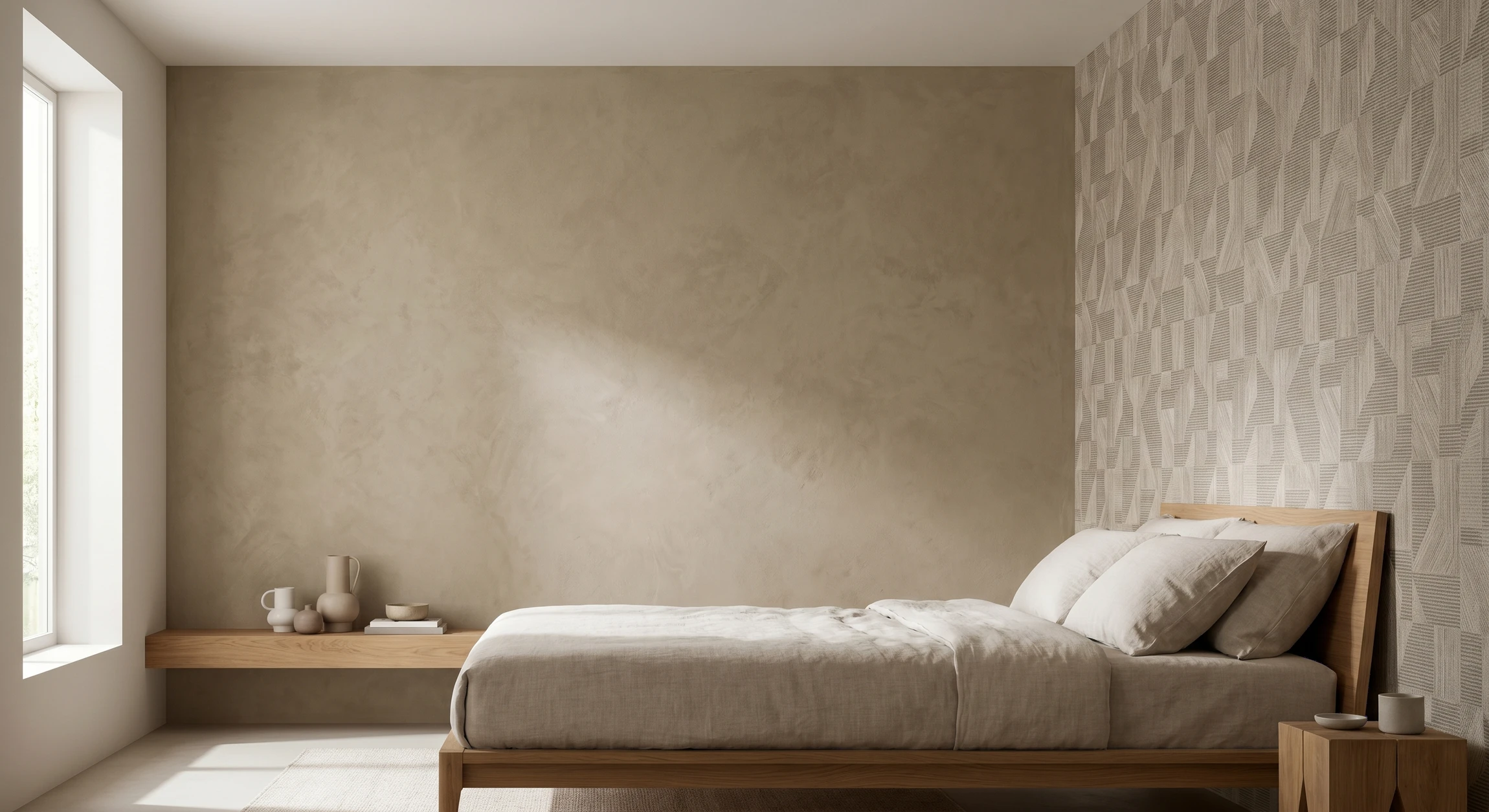 Gros plan photographique d'un mur intérieur présentant un enduit naturel à la chaux haut de gamme avec texture marmorino ou vénitien, montrant les détails de la finition lisse et brillante typique de ces techniques. Le mur doit être bien éclairé par la lumière naturelle pour mettre en évidence la qualité et la profondeur de la matière, les variations subtiles de teinte et l'effet de patine naturelle. Composition centrée sur la surface murale travaillée, sans texte ni logo visible.
