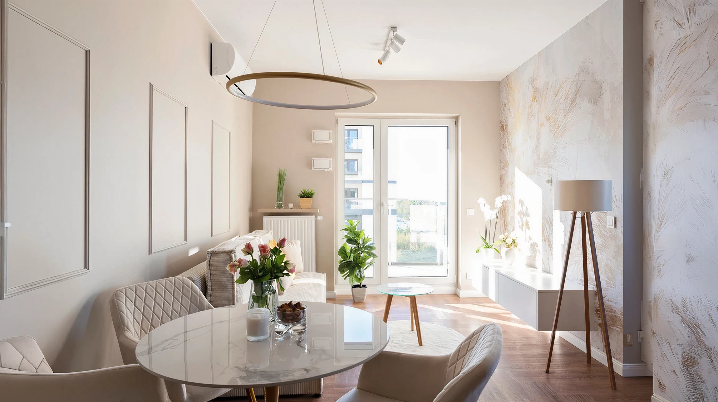 Un ouvrier en vêtements blancs applique de l'enduit sur un mur intérieur à l'aide d'une taloche métallique