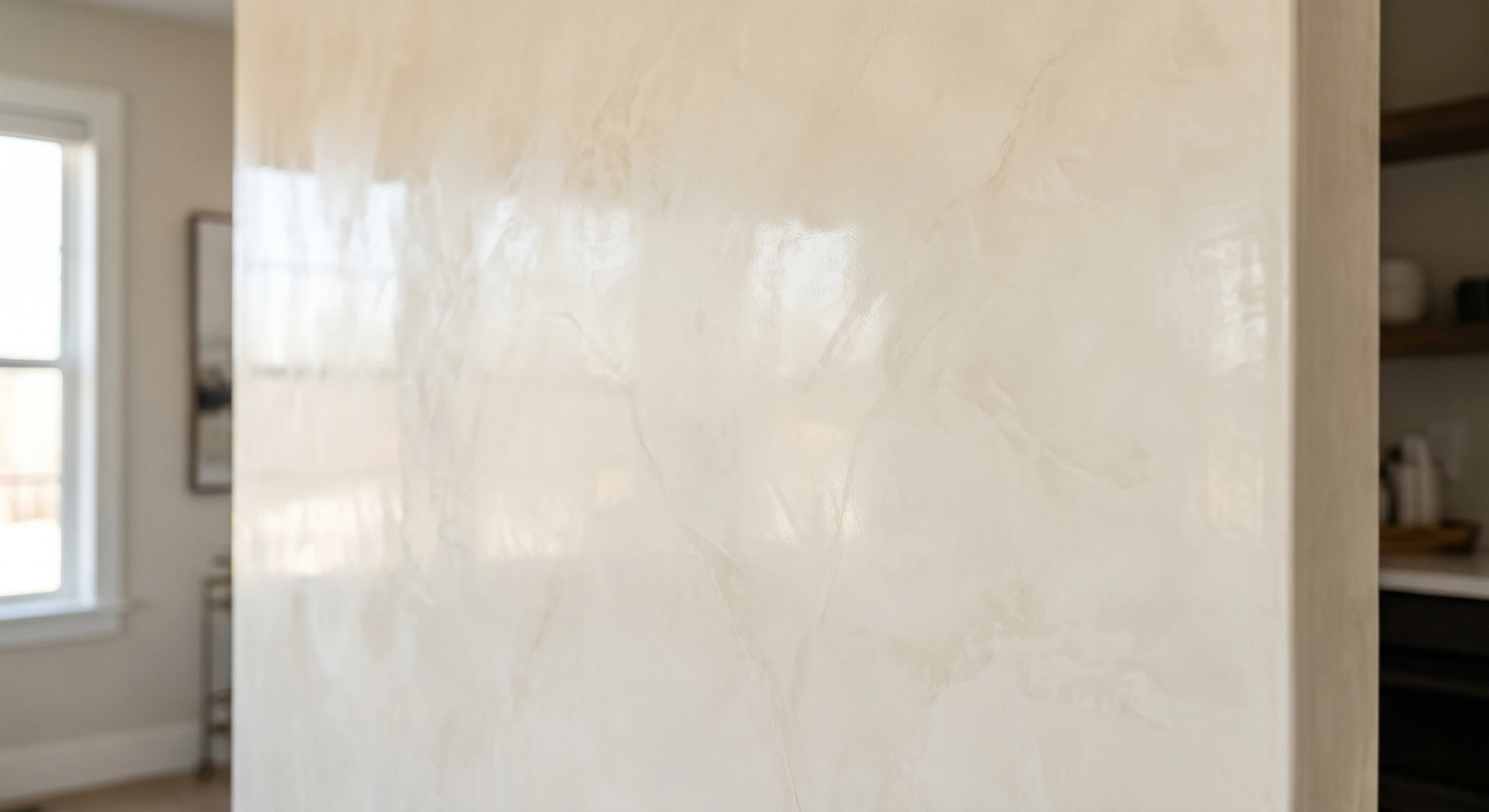 Un ouvrier en vêtements blancs applique de l'enduit sur un mur intérieur à l'aide d'une taloche métallique