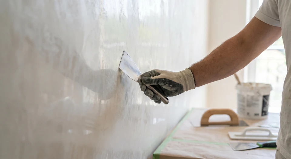Espace intérieur avec nuancier de couleurs déployé en éventail et pinceau professionnel